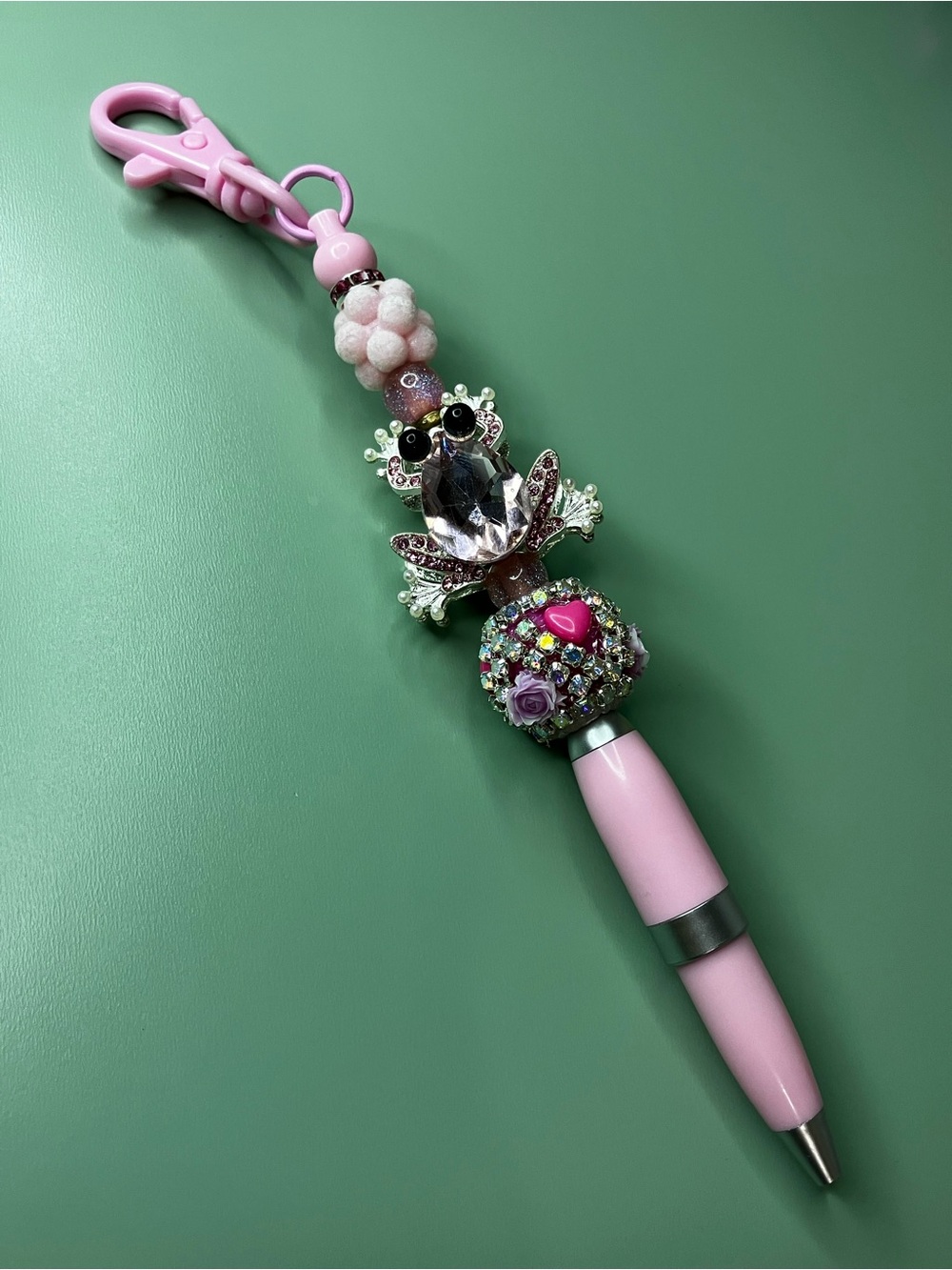 Pink Rhinestone Frog Handmade Beaded Keychain Pen - Picture 7 of 8